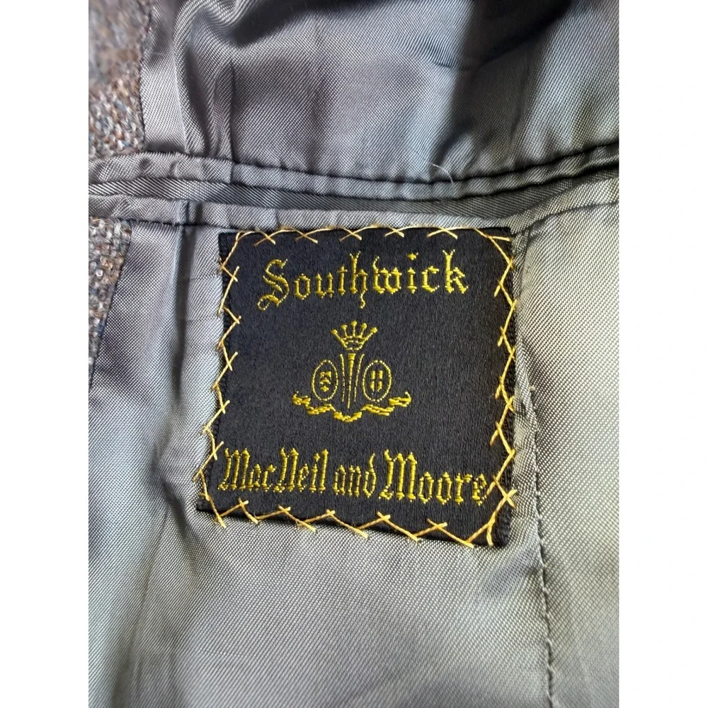 Southwick Vintage Wool Tweed Suit Grey Blue 40R 33W 2pc Blazer Cuffed Pants USA